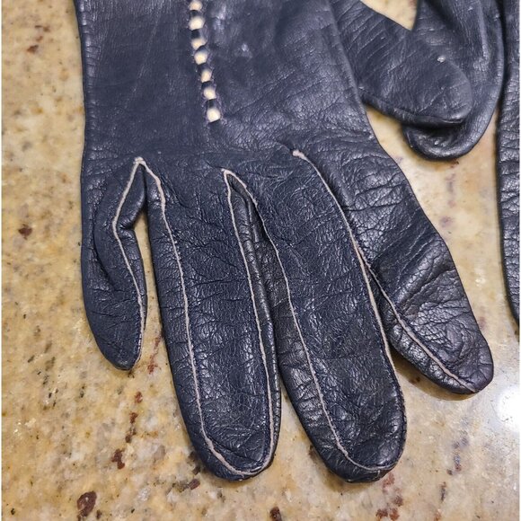Vintage Size S 6 Black Leather Formal 10" Gloves Stitching Detail Geometric - Picture 2 of 16